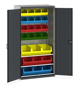 Bott cubio kitted cupboard with lockable steel perfo lined doors 1050mm wide x 650mm deep x 2000mm high.  Supplied with 3 metal shelves, Louvre back panels and 25 open fronted plastic containers.   Bin specification: 16 x no.4, 9 x no.5... Bott 1050mm wide x 650mm deep pre Kitted cupboards with Shelves Drawers or Eurocontainers